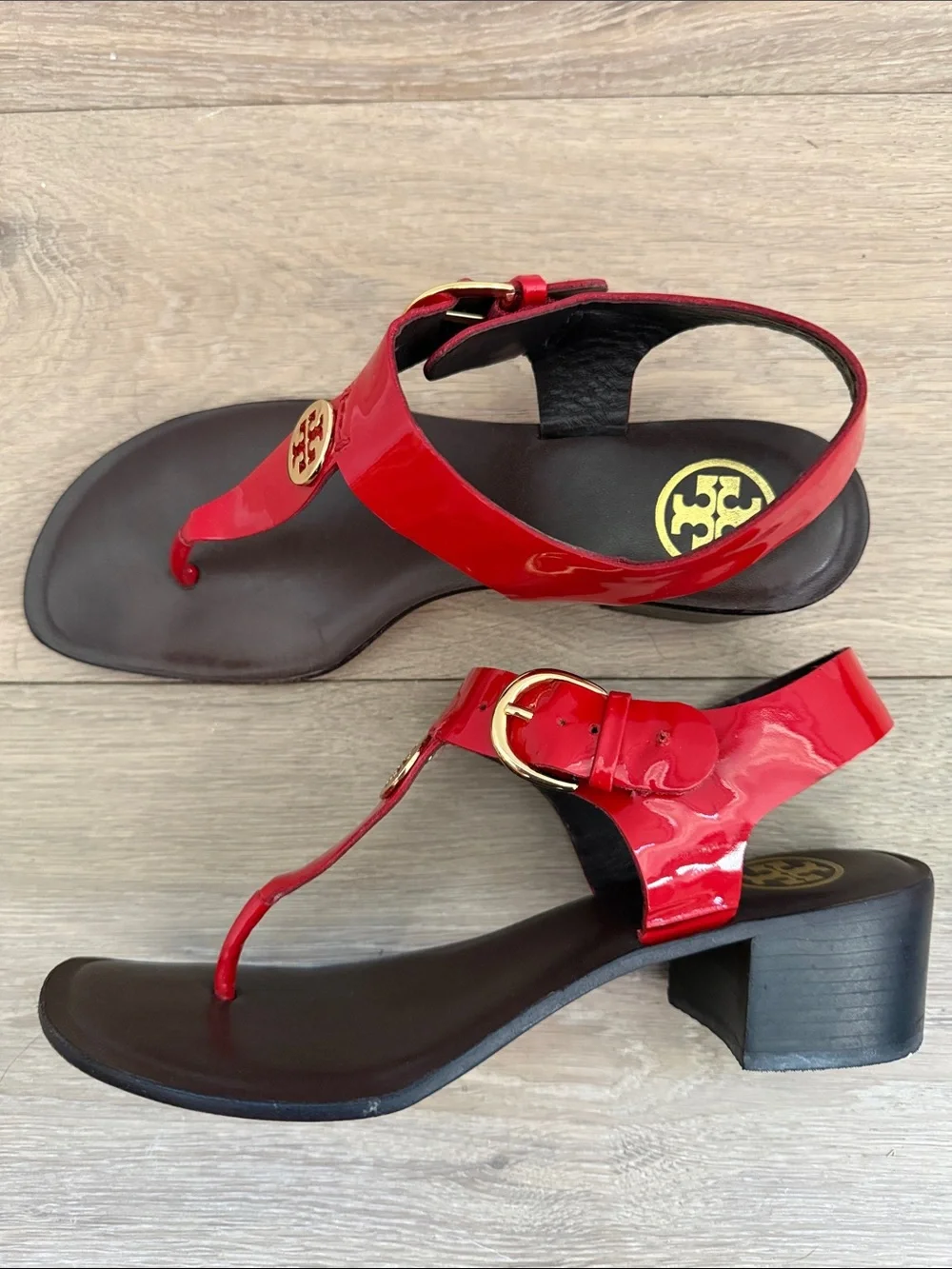Tory Burch Red Patent Leather T-Strap Sandals with Gold Logo